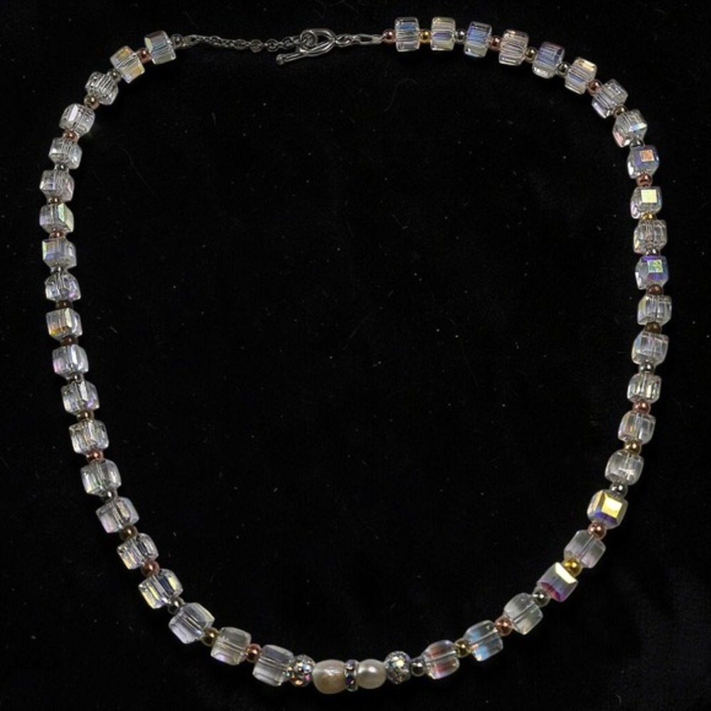 Vintage/Artisan‎ Austrian Crystal AB Cube Necklace With Freshwater Pearls